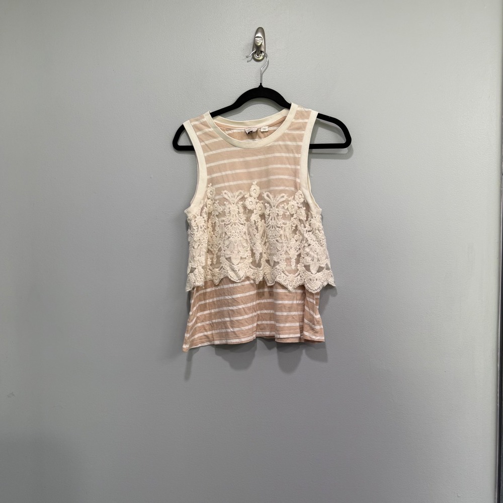 Anthropologie Postmark Tan White Striped Lace Overlay Sleeveless Top Medium